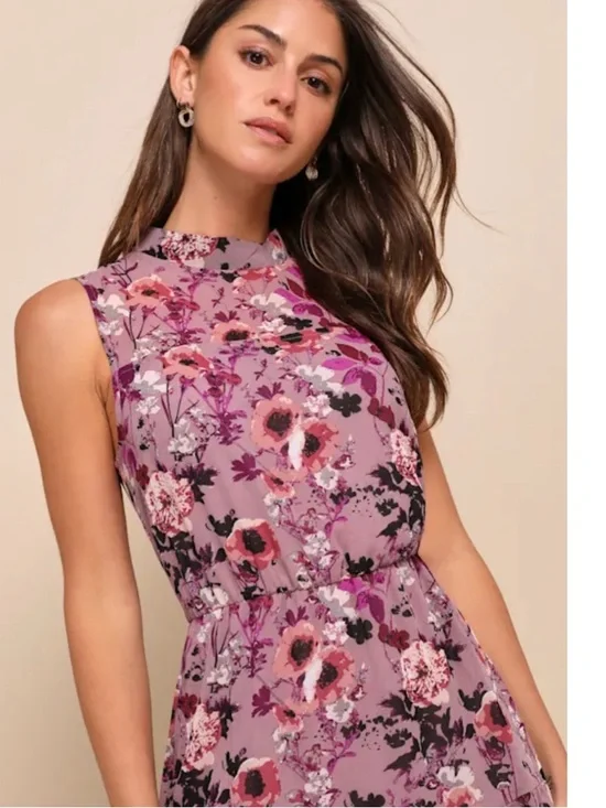 New Lulus Sleeveless Mauve Floral Midi Dress Sz 1X - Picture 5 of 7